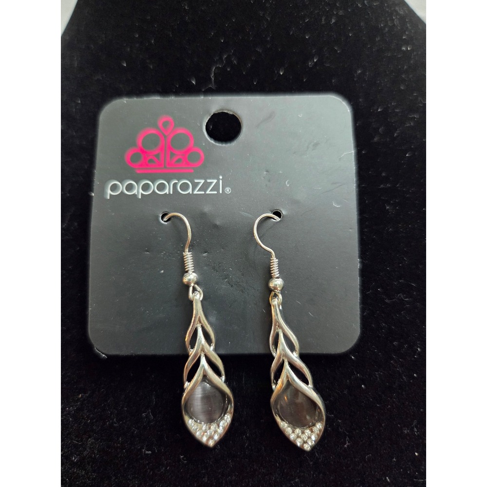 Paparazzi Dangle Earrings Womens OS Silver Grey Cats Eye Rhinestone Leaf